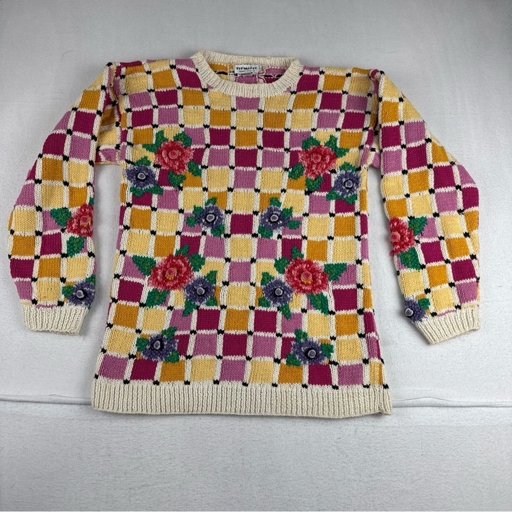 Premier Collection Womens Floral Geo Hand Knitted Grandma Sweater Small  90s 80s